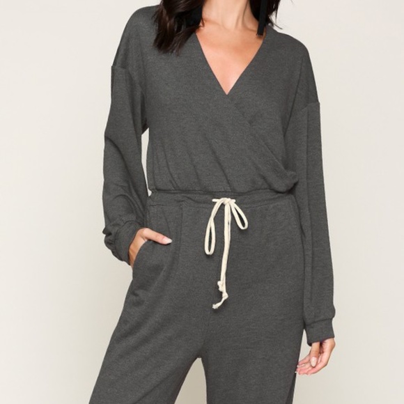 Wide Leg Long Sleeve Jumpsuit V-neck Grey Warm Soft loungewear Sz. S  by Gigio - Picture 5 of 13